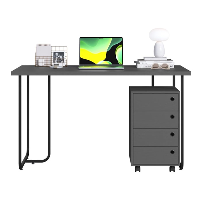 Mesa Escrivaninha 135 cm e Gaveteiro 4 Gavetas Grafite PP Milani Store
