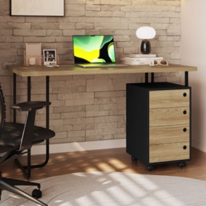 Mesa Escrivaninha 135 cm e Gaveteiro 4 Gavetas Oak Preto PP Milani Store