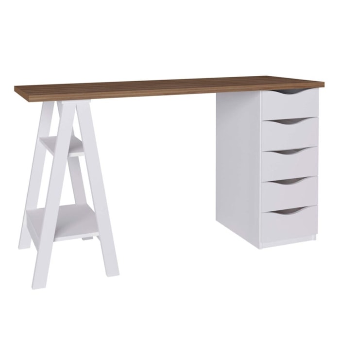 Mesa Escrivaninha 5 Gavetas 2 Prateleiras 136 cm Nogal Branco Artany