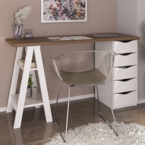 Mesa Escrivaninha 5 Gavetas 2 Prateleiras 136 cm Nogal Branco Artany