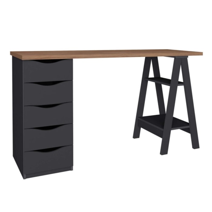 Mesa Escrivaninha 5 Gavetas 2 Prateleiras 136 cm Nogal Preto Artany