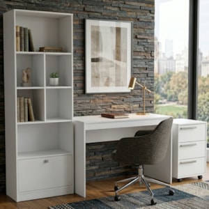 Mesa Escrivaninha Com Gaveteiro e Estante Para Escritorio B31 Branco NOVAM