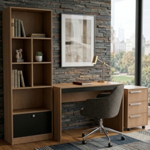 Mesa Escrivaninha Com Gaveteiro e Estante Para Escritorio B31 Mel Preto NOVAM