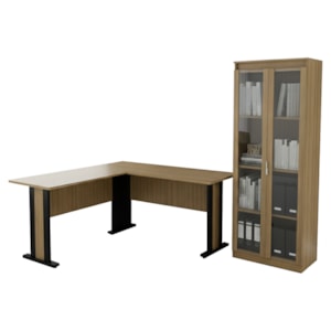 Mesa Escrivaninha De Canto Armario Multiuso 2 Portas Vidro Amendoa Preto Tecno Mobili