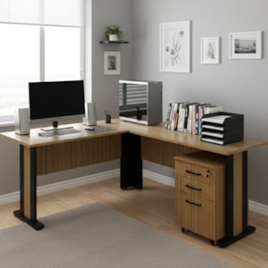 Mesa Escrivaninha De Canto Gaveteiro Pasta Suspensa Com Chave Amendoa Preto Tecno Mobili