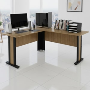 Mesa Escrivaninha De Canto Para Escritório 160 cm ME4195 Amendoa Preto Tecno Mobili