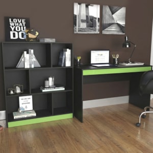 Mesa Escrivaninha e Estante Para Escritorio B28 Preto Verde NOVAM