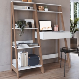 Mesa Escrivaninha e Estante Para Escritorio B94 Branco Montana NOVAM