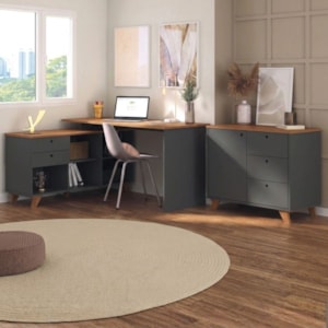 Mesa Escrivaninha Em L 145X128 cm E Balcao 91 cm Freijo Preto Artany
