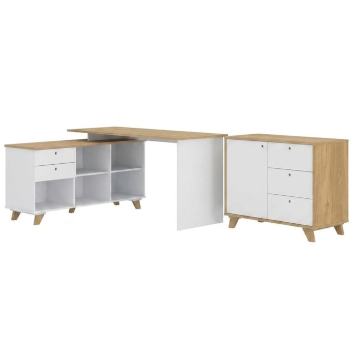 Mesa Escrivaninha Em L 145X128 cm E Balcao 91 cm Olmo Branco Artany