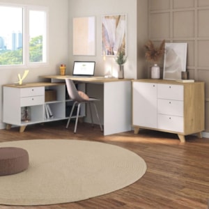 Mesa Escrivaninha Em L 145X128 cm E Balcao 91 cm Olmo Branco Artany