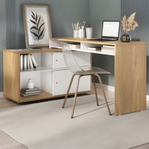Mesa Escrivaninha Em L Versatil 2 Portas De Correr 4 Nichos 144X107 cm Olmo Branco Artany