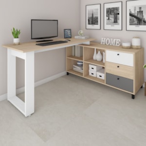 Mesa Escrivaninha Em L Versatil 4 Nichos 3 Gavetas 160X137 cm Carvalho Grafito Branco Artany