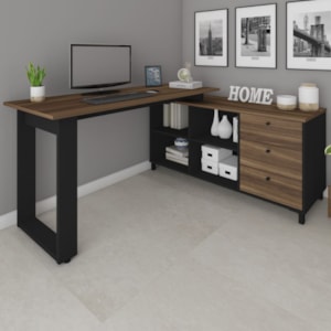 Mesa Escrivaninha Em L Versatil 4 Nichos 3 Gavetas 160X137 cm Ipe Preto Artany