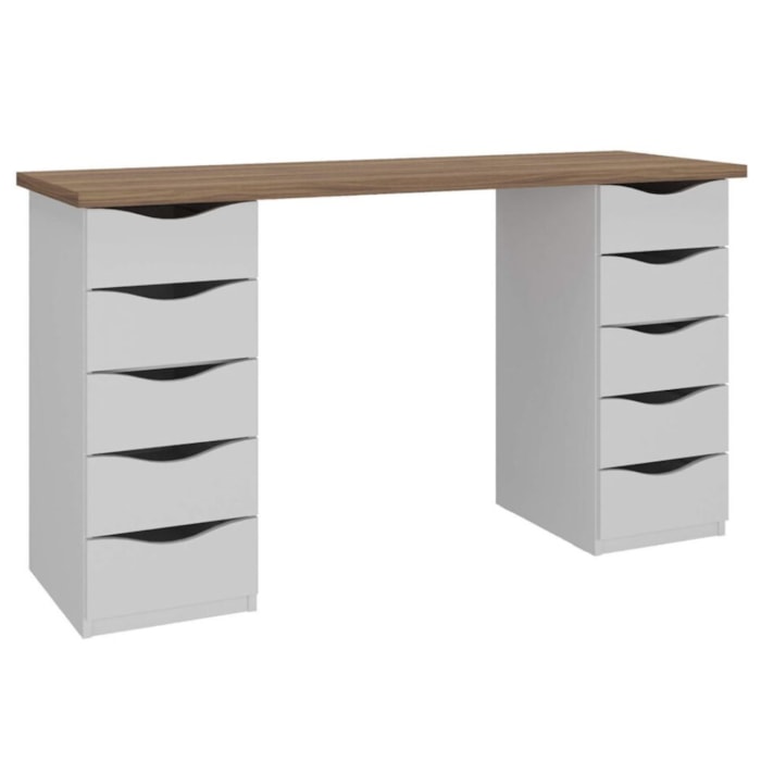 Mesa Escrivaninha Escritorio 10 Gavetas 136 cm Nogal Branco Artany
