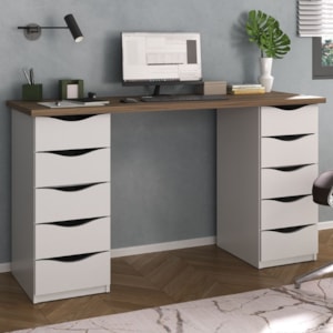 Mesa Escrivaninha Escritorio 10 Gavetas 136 cm Nogal Branco Artany