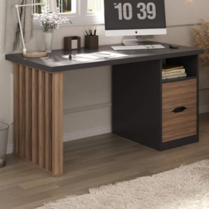 Mesa Escrivaninha Escritorio 2 Gavetas 1 Nicho 142 cm Nogal Preto Artany