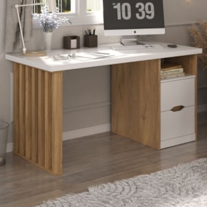 Mesa Escrivaninha Escritorio 2 Gavetas 1 Nicho 142 cm Olmo Branco Artany