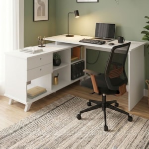 Mesa Escrivaninha Escritorio Em L 2 Gavetas 5 Nichos 145X128 cm Branco Artany