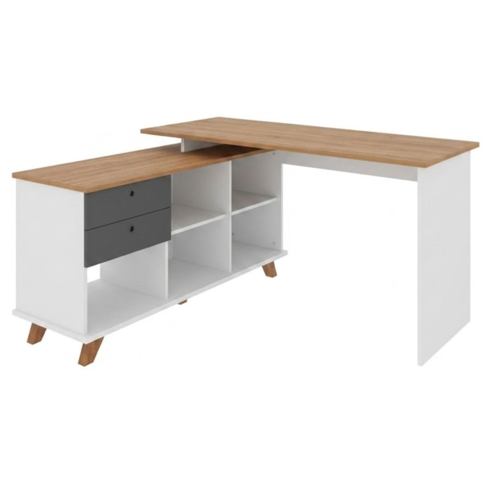 Mesa Escrivaninha Escritorio Em L 2 Gavetas 5 Nichos 145X128 cm Freijo Grafito Branco Artany