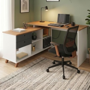 Mesa Escrivaninha Escritorio Em L 2 Gavetas 5 Nichos 145X128 cm Freijo Grafito Branco Artany