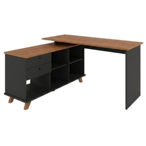 Mesa Escrivaninha Escritorio Em L 2 Gavetas 5 Nichos 145X128 cm Freijo Preto Artany