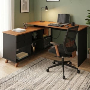 Mesa Escrivaninha Escritorio Em L 2 Gavetas 5 Nichos 145X128 cm Freijo Preto Artany