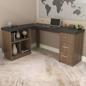 Mesa Escrivaninha Escritorio Em L 3 Nichos 3 Gavetas 154X116 cm Ipe Preto Artany