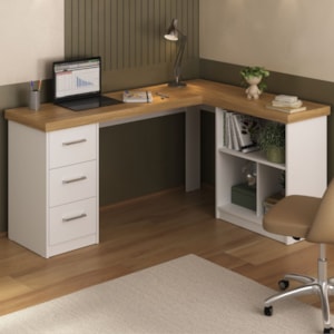 Mesa Escrivaninha Escritorio Em L 3 Nichos 3 Gavetas 154X116 cm Olmo Branco Artany