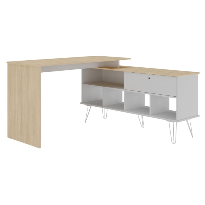 Mesa Escrivaninha Escritorio Em L 5 Nichos 1 Porta 137X136 cm Carvalho Branco Artany