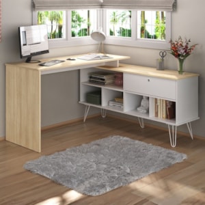 Mesa Escrivaninha Escritorio Em L 5 Nichos 1 Porta 137X136 cm Carvalho Branco Artany