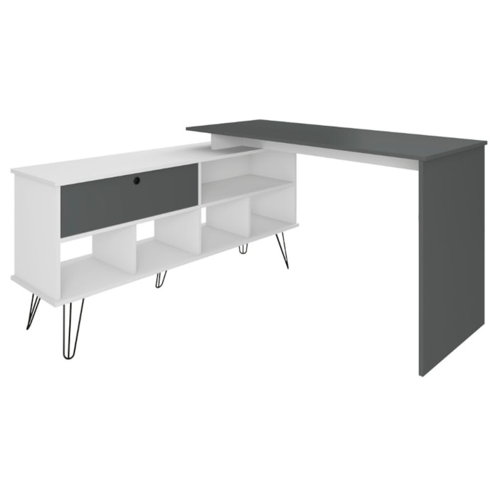 Mesa Escrivaninha Escritorio Em L 5 Nichos 1 Porta 137X136 cm Grafito Branco Artany