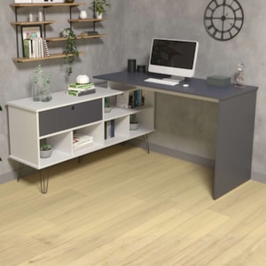 Mesa Escrivaninha Escritorio Em L 5 Nichos 1 Porta 137X136 cm Grafito Branco Artany