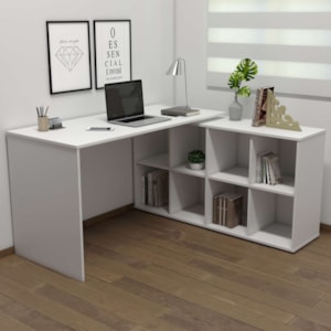 Mesa Escrivaninha Escritorio Em L 8 Nichos 140X130 cm Branco Artany