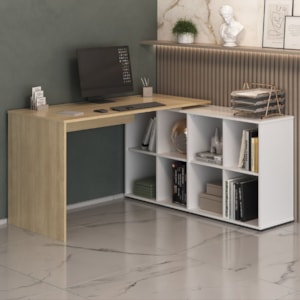 Mesa Escrivaninha Escritorio Em L 8 Nichos 140X130 cm Carvalho Branco Artany