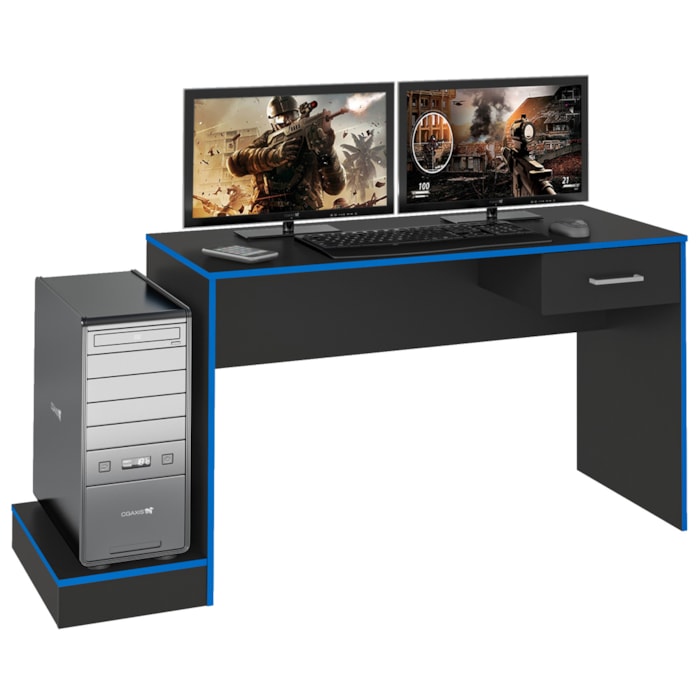 Mesa Escrivaninha Gamer 1 Gaveta 160 cm Preto Azul ARLY