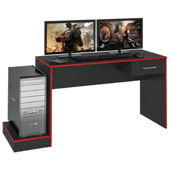 Mesa Escrivaninha Gamer 1 Gaveta 160 cm Preto Vermelho ARLY