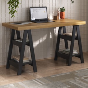 Mesa Escrivaninha Tampo Tamburato 4 Prateleiras 135X60 cm Olmo Preto Artany
