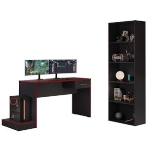 Mesa Gamer 1 Gaveta E Estante Livreiro Preto Vermelho ARLY