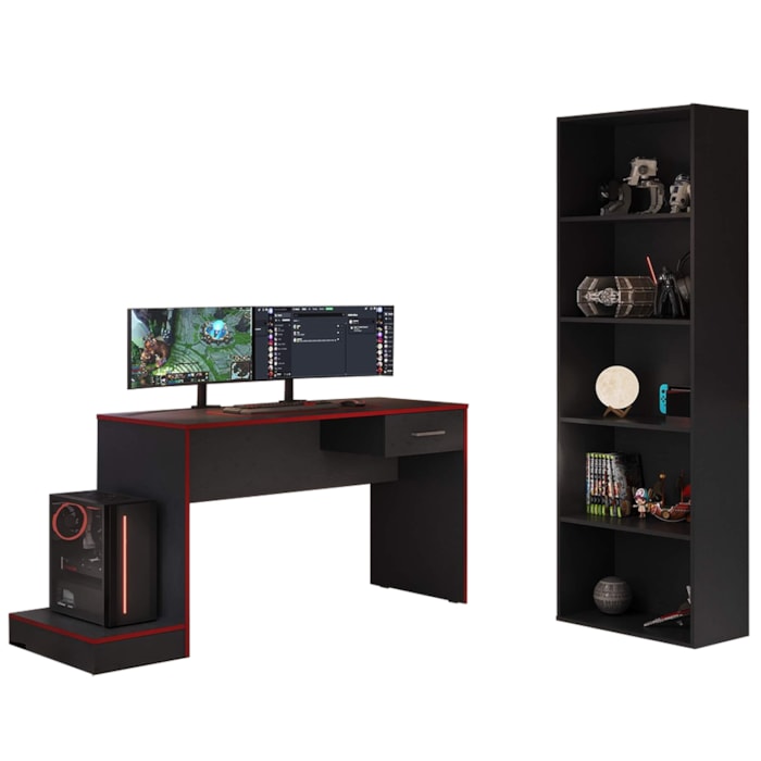 Mesa Gamer 1 Gaveta E Estante Livreiro Preto Vermelho ARLY