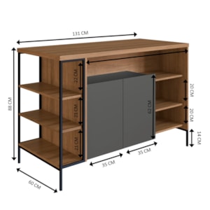 Mesa Ilha Gourmet 131 cm 2 Portas P1035 Grafite Mell PP Milani Store