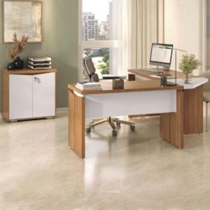 Mesas Escritorio Modular Com Conexao E Balcao 2 Portas Y37 Freijo Branco Artany