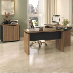 Mesas Escritorio Modular Com Conexao E Balcao 2 Portas Y37 Nogal Preto Artany