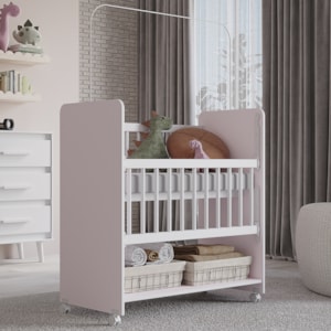 Mini Berço Grade Movel 89 cm Outside Branco Rosa Mobbs