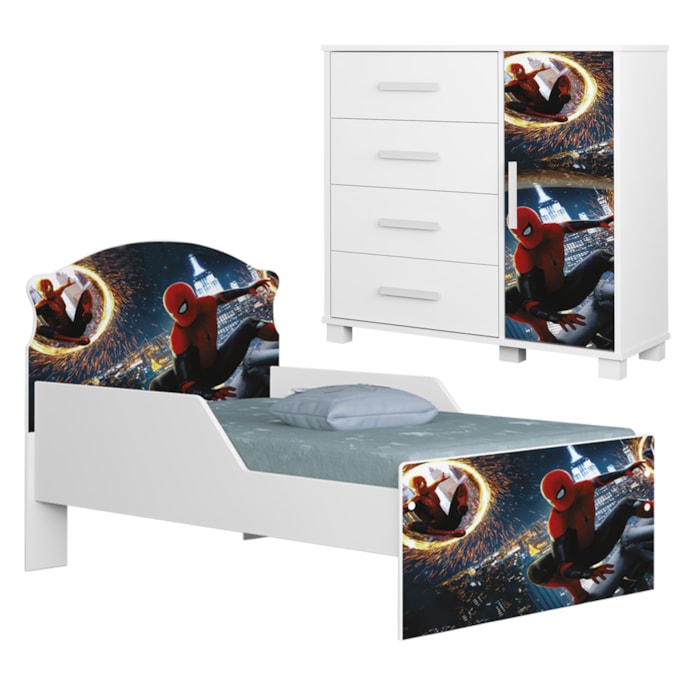 Mini Cama Infantil 153x79 e Comoda 4 Gavetas 1 Porta MDF Livia Aranha Decmade