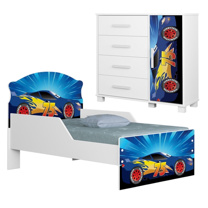 Mini Cama Infantil 153x79 e Comoda 4 Gavetas 1 Porta MDF Livia Azul Decmade