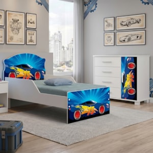 Mini Cama Infantil 153x79 e Comoda 4 Gavetas 1 Porta MDF Livia Azul Decmade