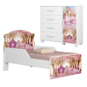 Mini Cama Infantil 153x79 e Comoda 4 Gavetas 1 Porta MDF Livia Carruagem Decmade