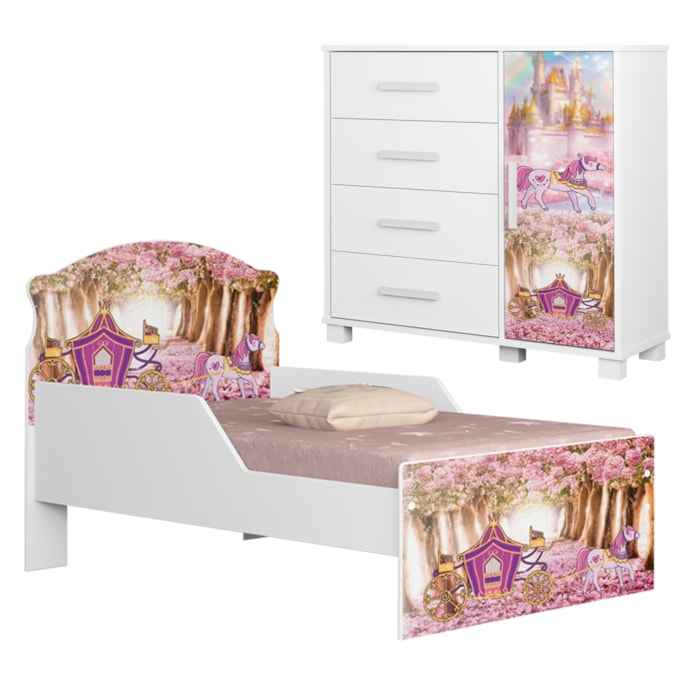 Mini Cama Infantil 153x79 e Comoda 4 Gavetas 1 Porta MDF Livia Carruagem Decmade