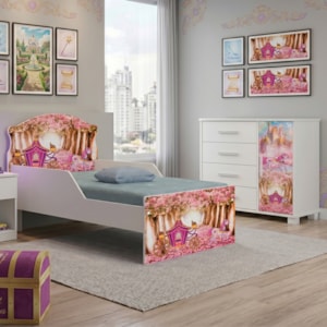 Mini Cama Infantil 153x79 e Comoda 4 Gavetas 1 Porta MDF Livia Carruagem Decmade